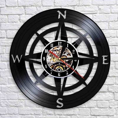 ELD 30 cm Wind Rose Compass Wall Art Modern Design Wall Clock, Navy Vinyl Record Nautical Compass Clock