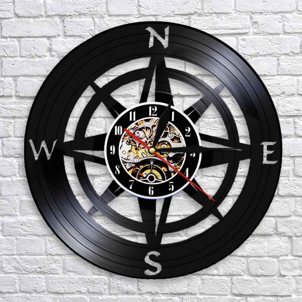 ELD 30 cm Wind Rose Compass Wall Art Modern Design Wall Clock, Navy Vinyl Record Nautical Compass Clock