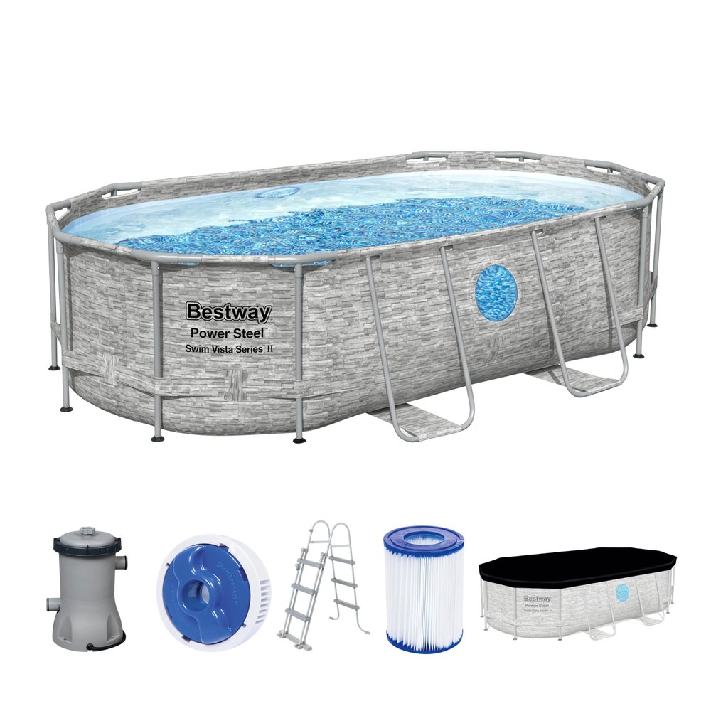Bestway Power Steel Swim Vista Series Oval Frame Pool Set with Filter Pump, 427 x 250 x 100 cm, Stone-Wall Look (Cream Gray)