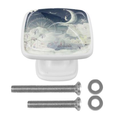 Square Drawer Knobs with Starry Sky and Moon Print, 30 mm, 4-Pack