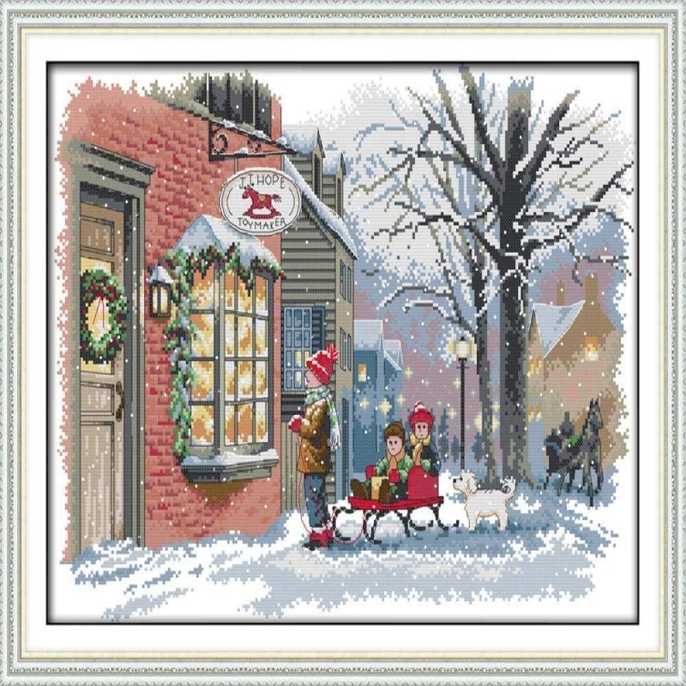 Cross-Stitch Kit Christmas Wishes, 11-Count Full-Range Embroidery Starter Kit, DIY for Kids and Adults, Family Decoration, 16 x 20 in