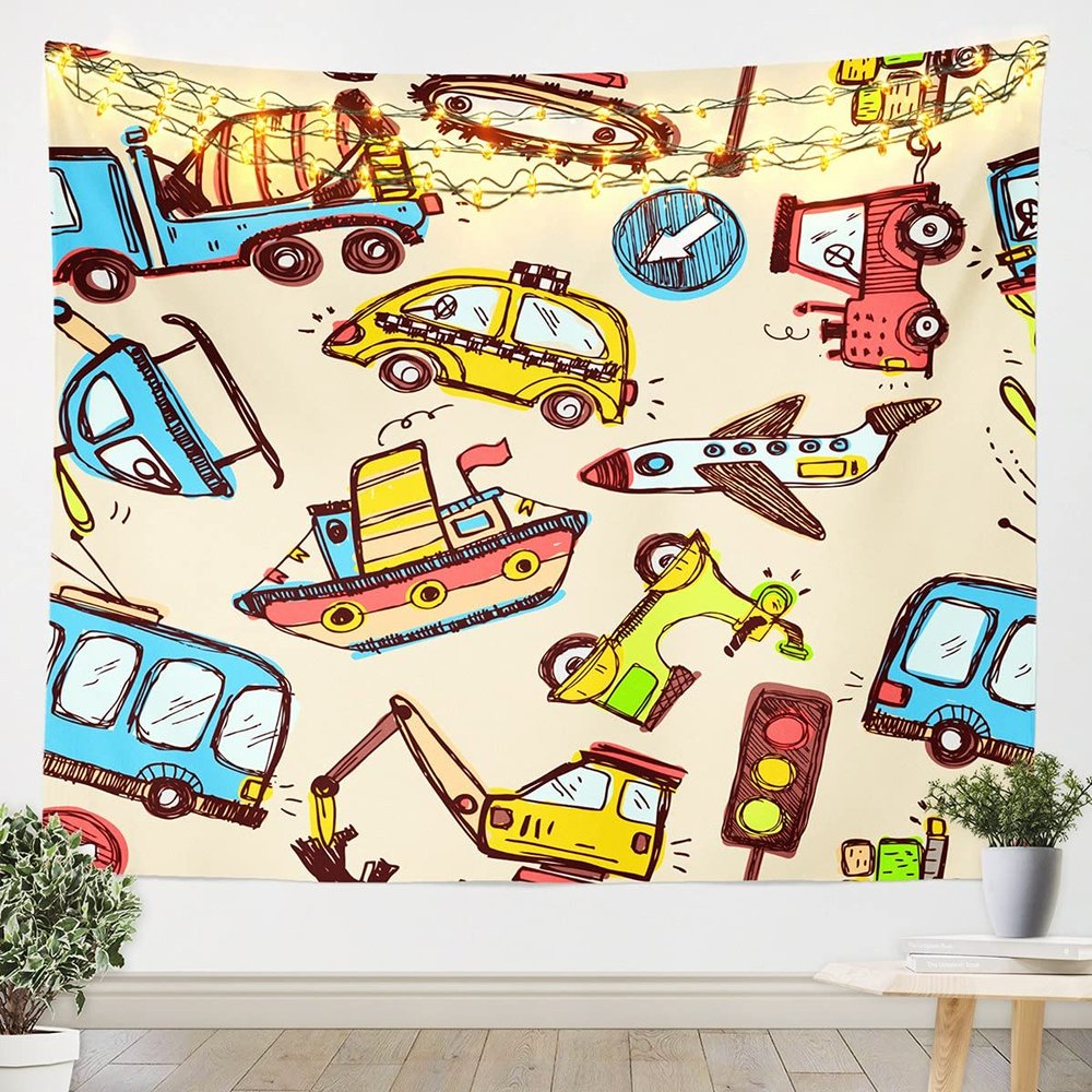 Homemissing Transportation Cartoon Tapestry with Excavator, Ship & Airplane