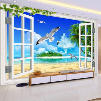 Custom 3D Window Seascape Photo Wallpaper, Seagull Beach Coconut Tree, 350(W) × 256(H) cm