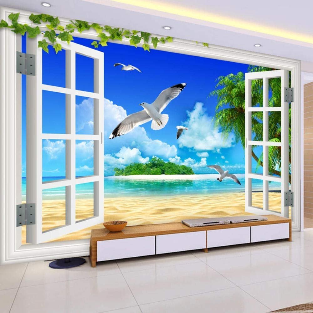 Custom 3D Window Seascape Photo Wallpaper, Seagull Beach Coconut Tree, 350(W) × 256(H) cm