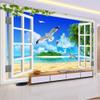 Custom 3D Window Seascape Photo Wallpaper, Seagull Beach Coconut Tree, 350(W) × 256(H) cm view 1