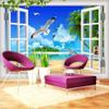 Custom 3D Window Seascape Photo Wallpaper, Seagull Beach Coconut Tree, 350(W) × 256(H) cm view 2