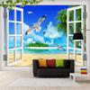 Custom 3D Window Seascape Photo Wallpaper, Seagull Beach Coconut Tree, 350(W) × 256(H) cm view 3