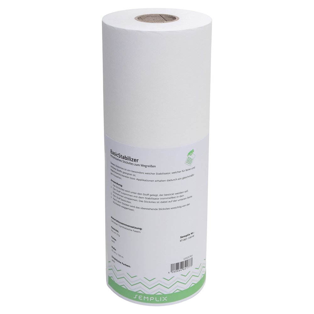 SEMPLIX BasicStabilizer Medium-Weight Tear-Away Embroidery Stabilizer, White, 33 cm x 100 m