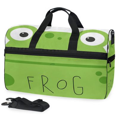Green Frog Cartoon Sports Duffel Bag with Shoe Compartment