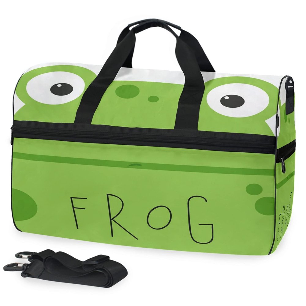 Green Frog Cartoon Sports Duffel Bag with Shoe Compartment