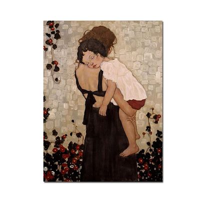 Five-Seller Famous Abstract Mother and Child by Gustav Klimt Canvas Wall Art Reproduction, Poster and Print for Living Room, 150 x 70 cm, Wood Frame