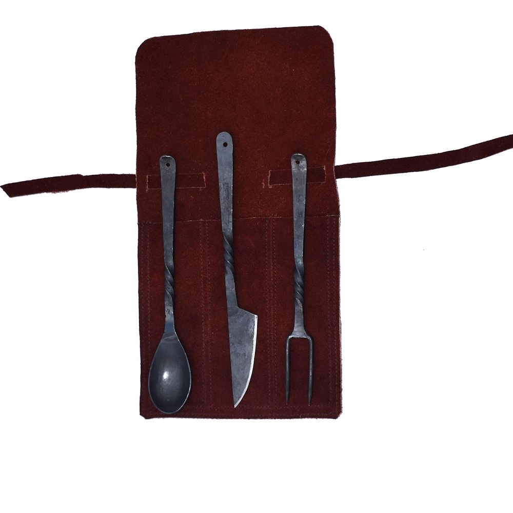 Viking Traders Hand-Forged Medieval Dining Utensil Set with Genuine Leather Pouch