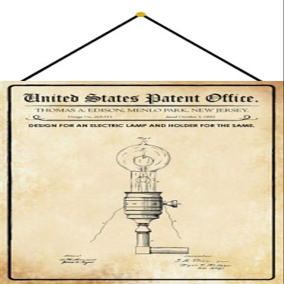 Tin Sign with Cord, 30 x 20 cm, United States Patent Office: Design for an Electric Lamp and Holder for the Same, 1882 - Blechemma