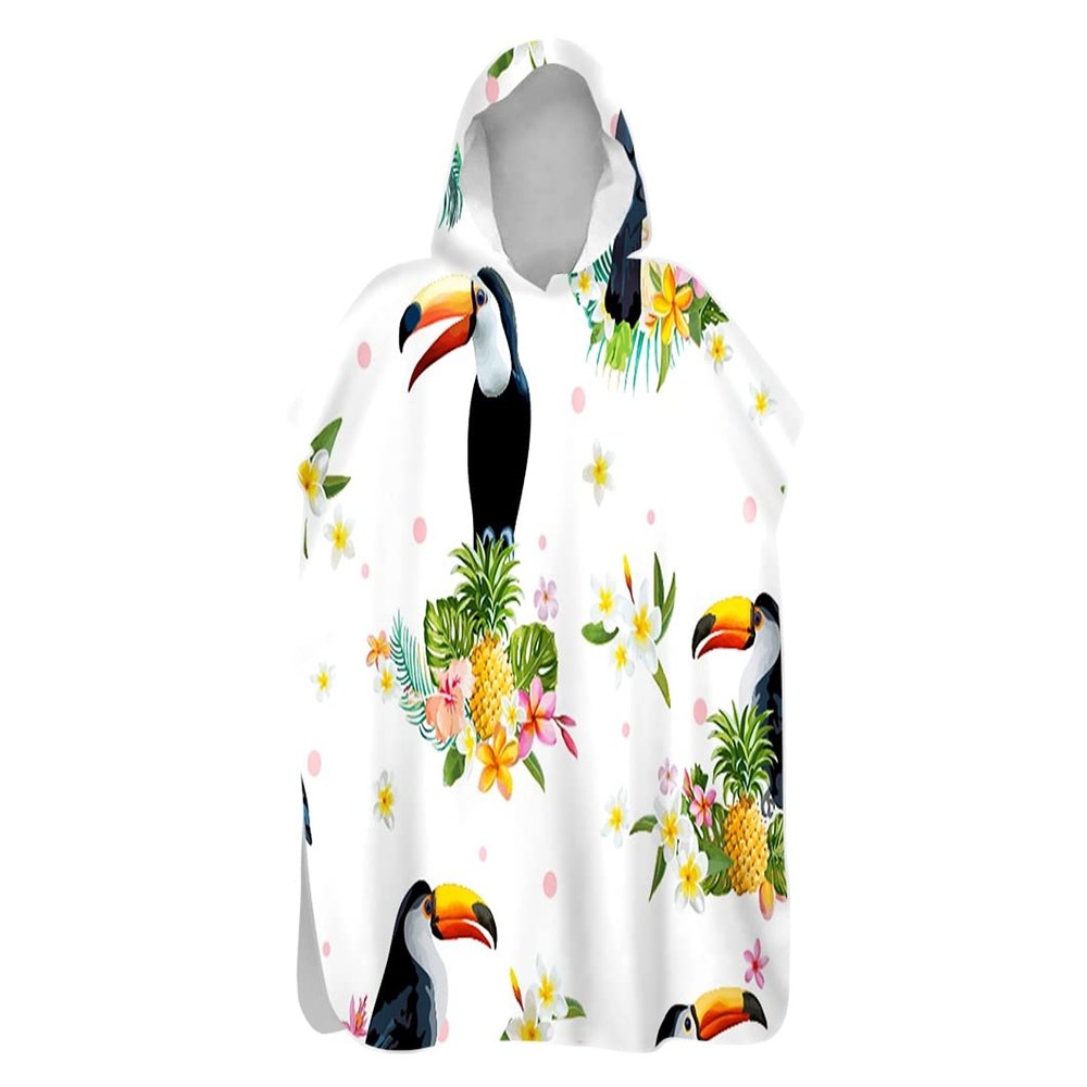 Chickw1 Hooded Bath Poncho, Toucan Print, Microfiber Surf Changing Towel, Quick-Dry, Pineapple, 80 x 145 cm