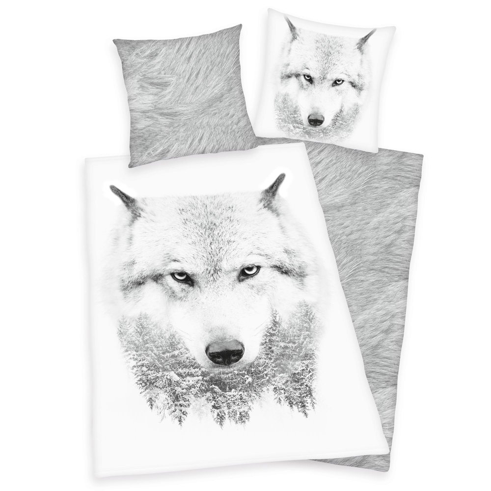 Herding Flannel Wolf Bedding Set, 155 x 220 cm + 80 x 80 cm