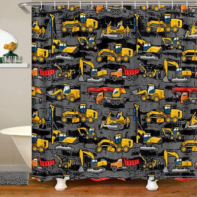 Homewish Boys' Construction Vehicle Shower Curtain, Yellow Gray, 180 x 200 cm