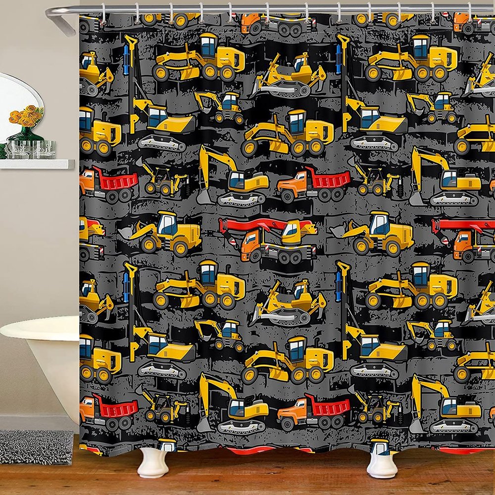 Homewish Boys' Construction Vehicle Shower Curtain, Yellow Gray, 180 x 200 cm