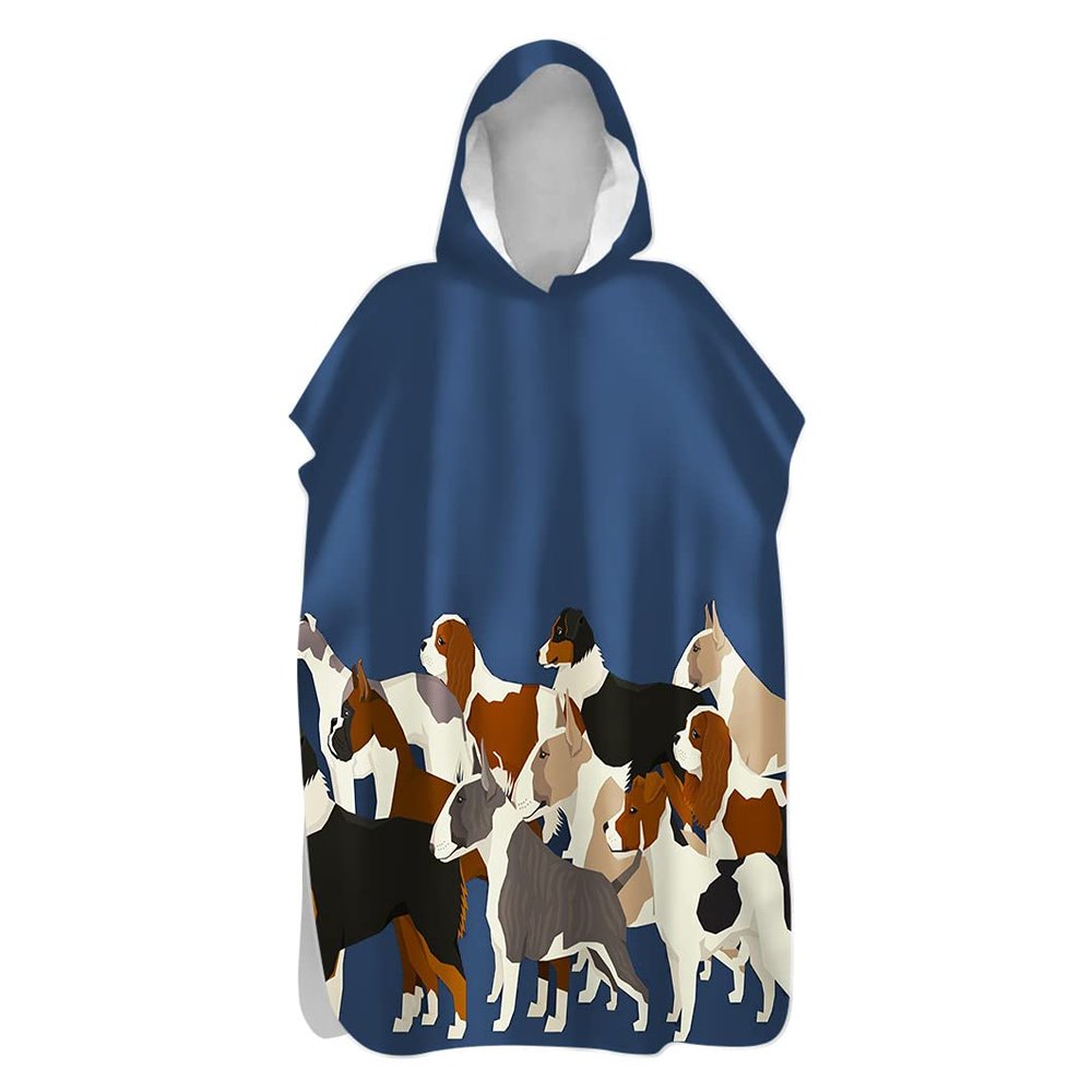Chickw1 Hooded Bath Poncho, Sea Animal Print Surf Changing Robe, Microfiber Quick-Drying Beach Towel for Adults and Children, Blue, 75 x 145 cm
