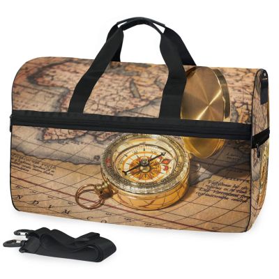 Vintage Golden Compass Old Map Duffel Bag with Shoe Compartment