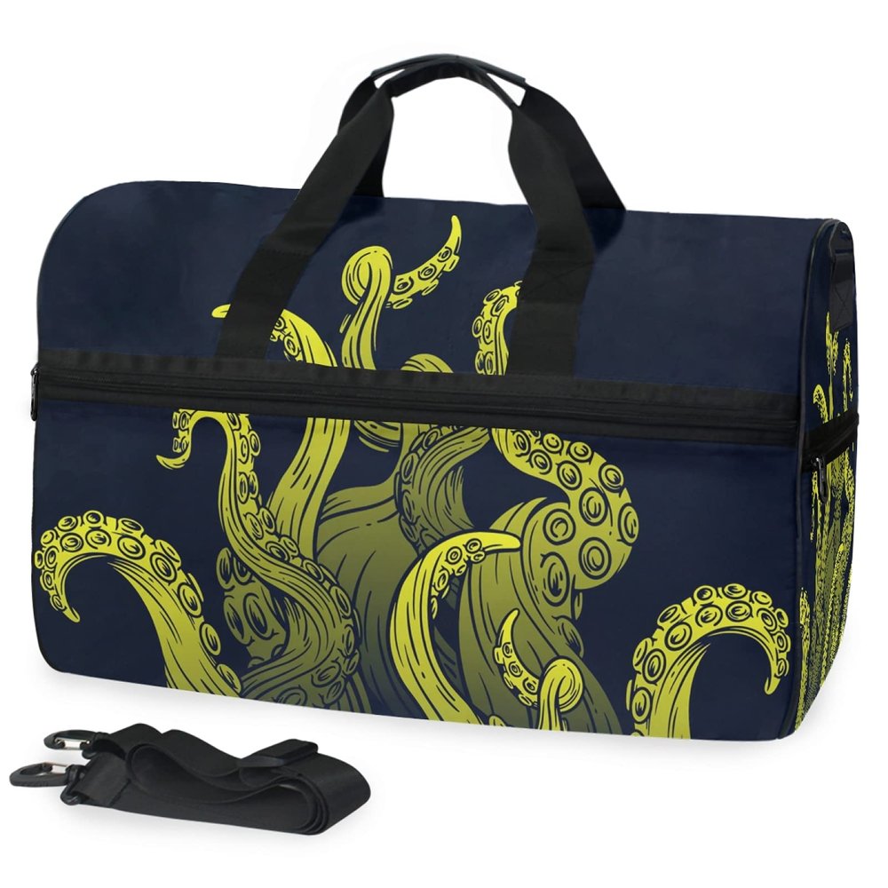 Yellow Hand-Drawn Octopus Sports Duffel Bag with Shoe Compartment