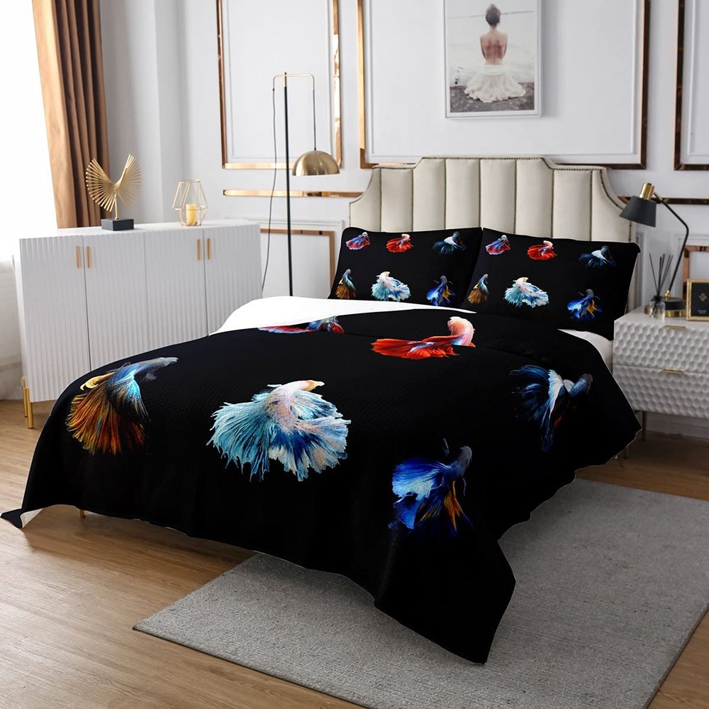 Homemissing Betta Fish Quilted Bedspread, Colorful Siamese Fighting Fish, 220 x 240 cm