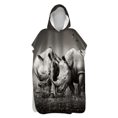 Hooded Beach Poncho Towel, Quick-Dry 3D Rhinoceros Print, 80 x 145 cm