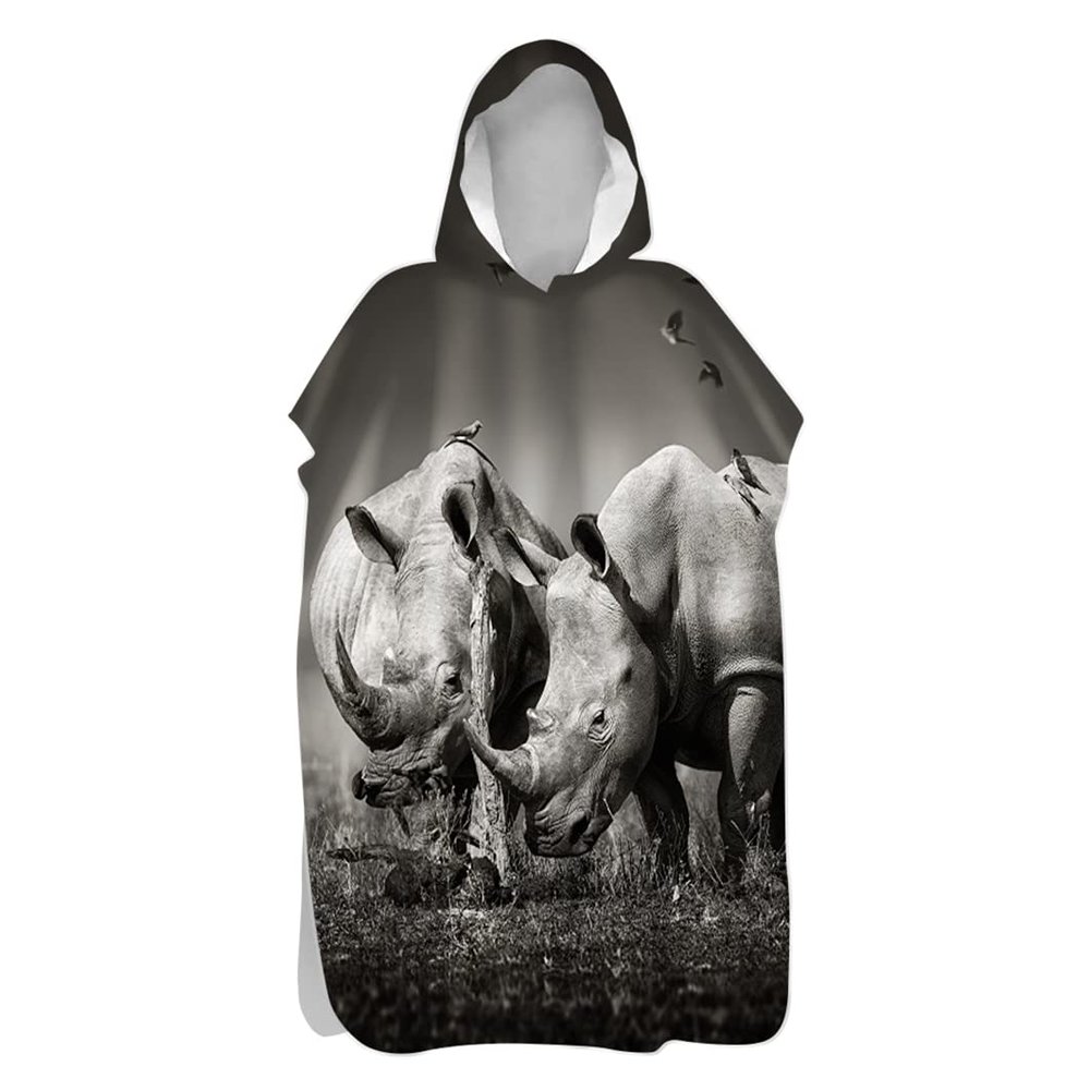Hooded Beach Poncho Towel, Quick-Dry 3D Rhinoceros Print, 80 x 145 cm