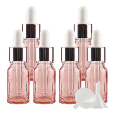 ZEOABSY 10 mL Pink Glass Dropper Bottles with Pink Pipette Rings, 6-Pack + Funnel