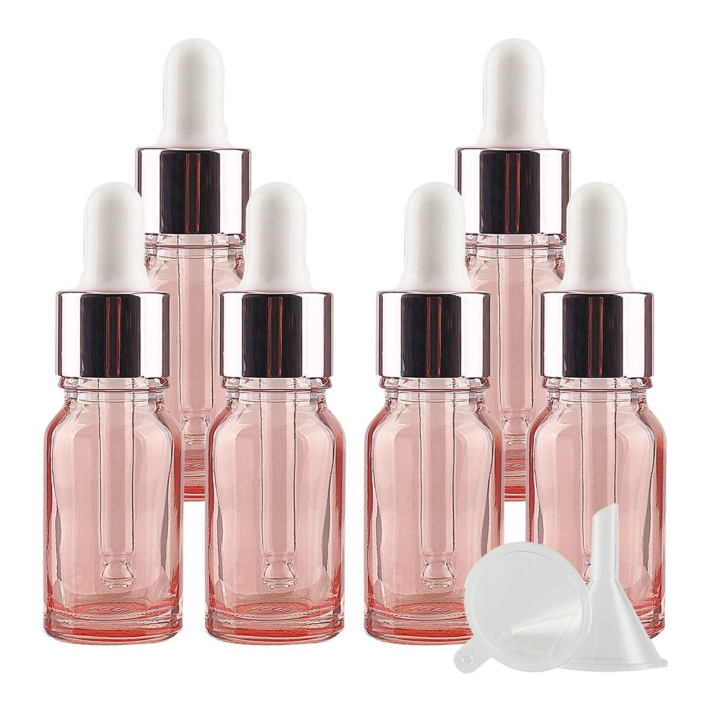 ZEOABSY 10 mL Pink Glass Dropper Bottles with Pink Pipette Rings, 6-Pack + Funnel
