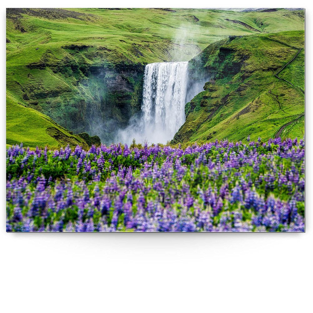 BilderKing Skógafoss Waterfall, Iceland Wall Art – 100 x 75 cm, 5 mm Acrylic Glass with Aluminum Dibond Composite and Rear Frame