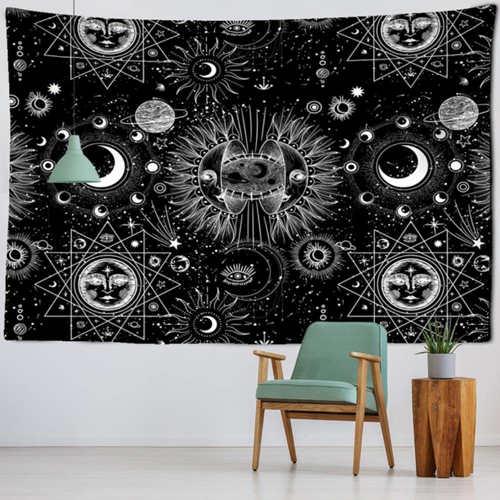 Black and White Sun Moon Mandala Tapestry, Starry Sky, Bohemian Gypsy Psychedelic Astrology, 150 x 130 cm