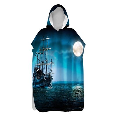 Morbuy Adult & Kids Beach Poncho Towel with Hood, 3D Sailboat Print, 80 x 145 cm