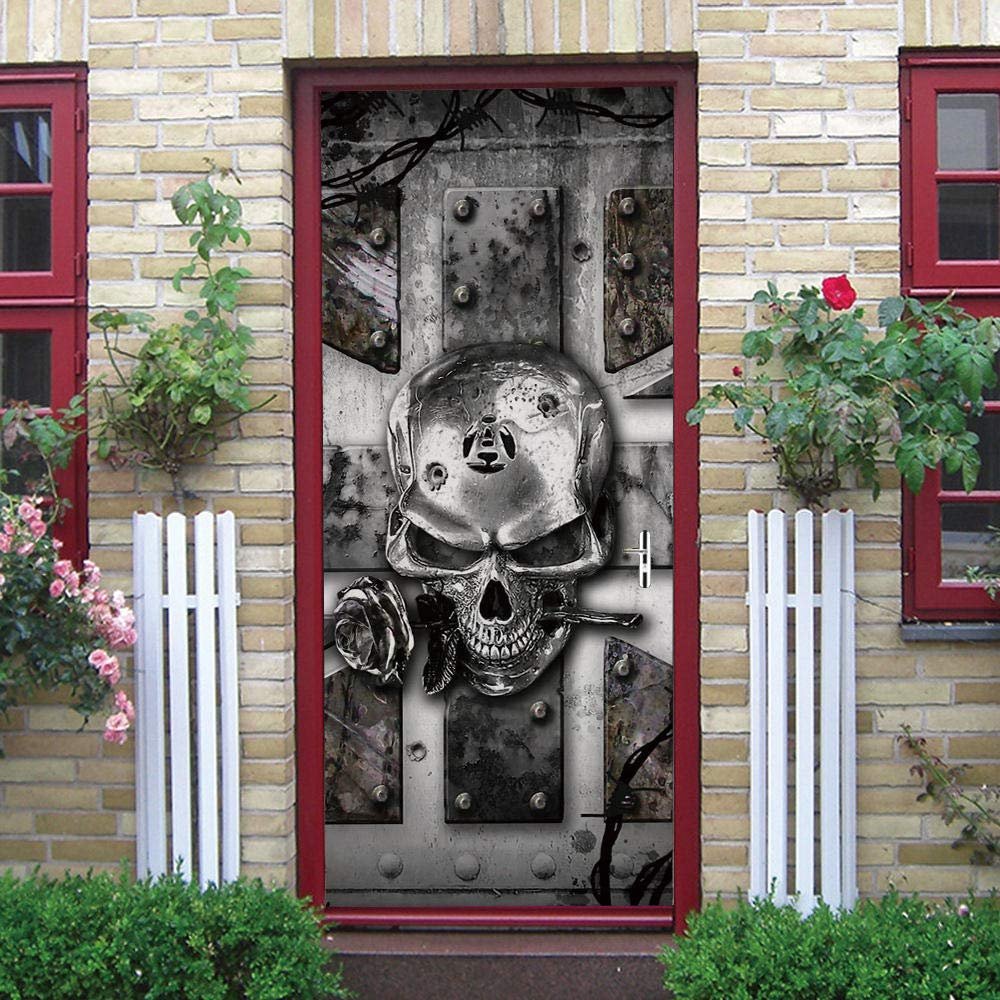 3D Gray Skull Door Mural Sticker, Retro, 77 x 200 cm