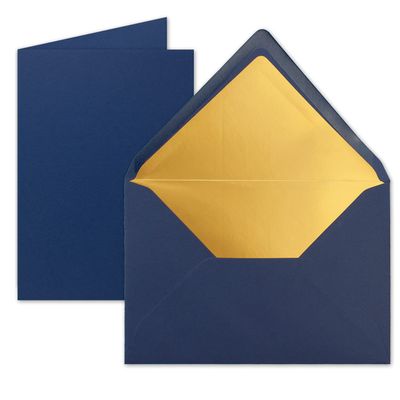 50 Sets A5 Folded Cards, Dark Blue, with C5 Envelopes and Gold Metallic Lining
