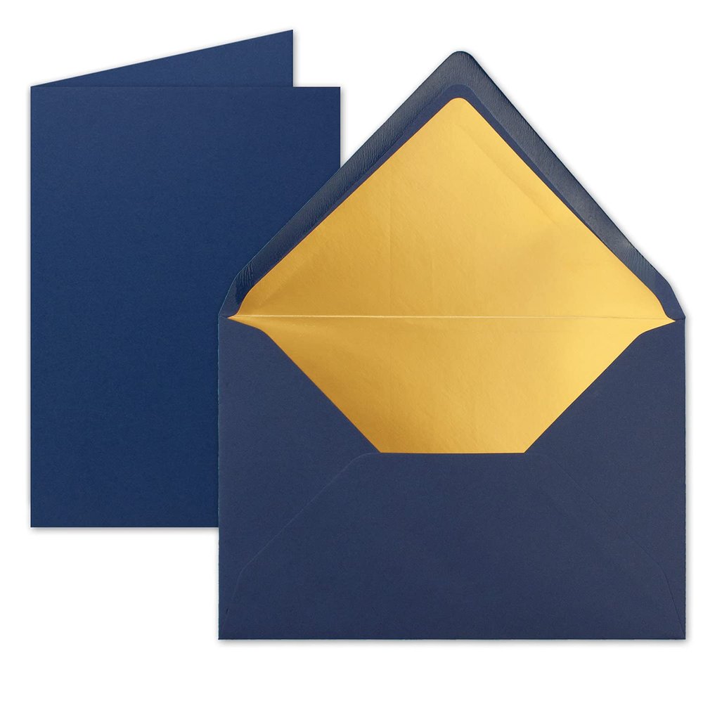 50 Sets A5 Folded Cards, Dark Blue, with C5 Envelopes and Gold Metallic Lining