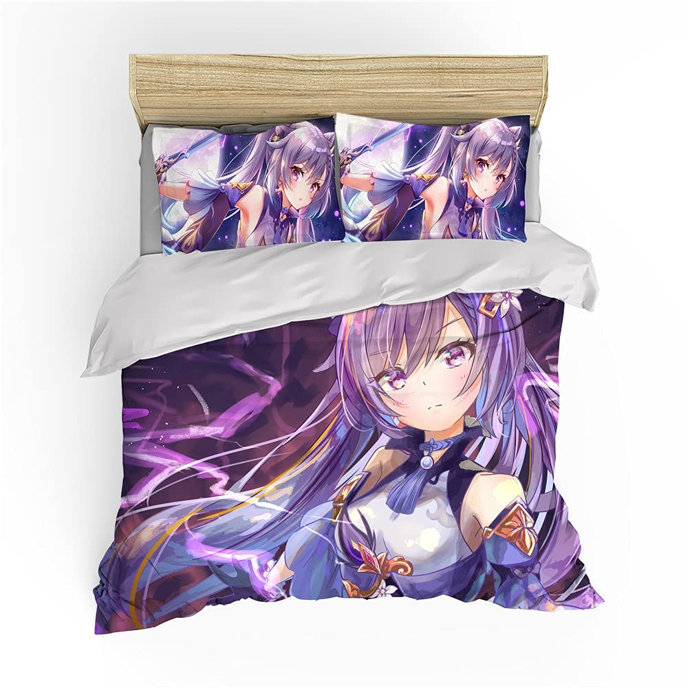 NICHIYOBI Genshin Impact Keqing Duvet Cover Set, 3D Digital Print, 260 x 220 cm