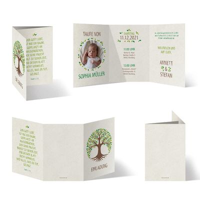 100 Baptism Invitation Cards - Tree of Life, Customizable Text and Photo, DIN A6 Gatefold