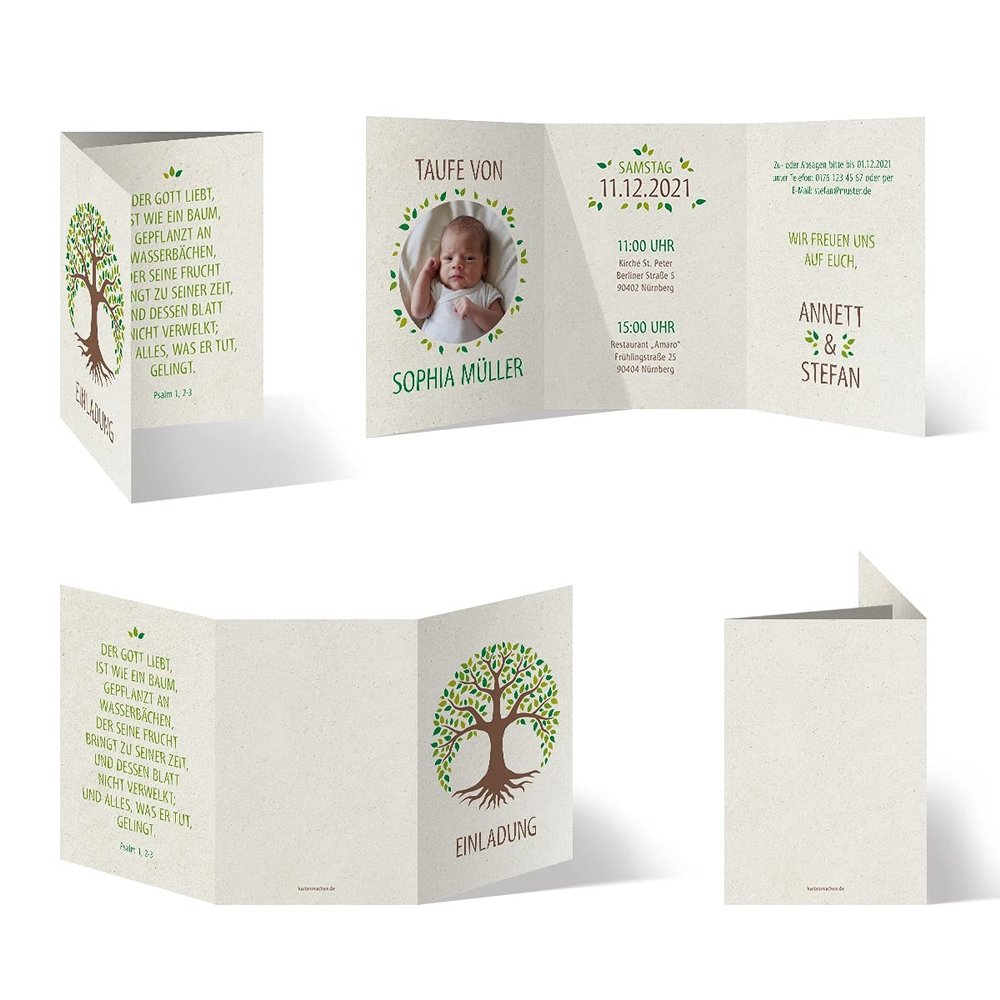 100 Baptism Invitation Cards - Tree of Life, Customizable Text and Photo, DIN A6 Gatefold