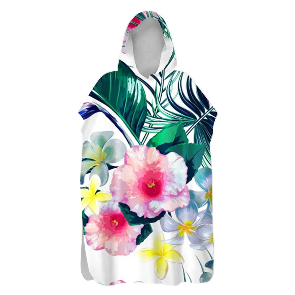 Chickw1 Hooded Beach Poncho, Tropical Plants Print, Microfiber Quick-Dry Changing Towel, Lily Flowers, 75 x 145 cm