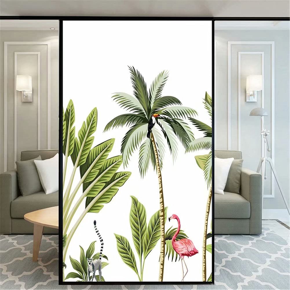Xijier Decorative Window Film with Flowers and Flamingo, Non-Adhesive Frosted Glass Door/Window Decal, 40 x 120 cm (W x H)
