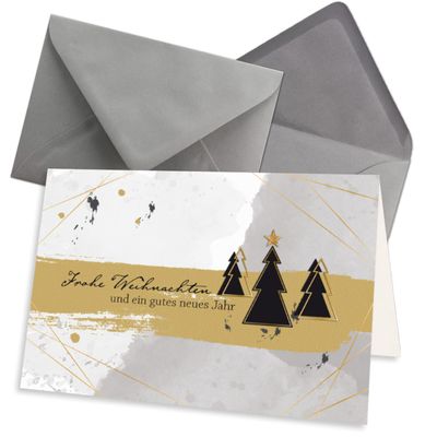 NEUSER PAPER 50-Piece Christmas Card Set, DIN A6, Gray, with Christmas Trees and Greeting, with DIN C6 Graphite Envelopes