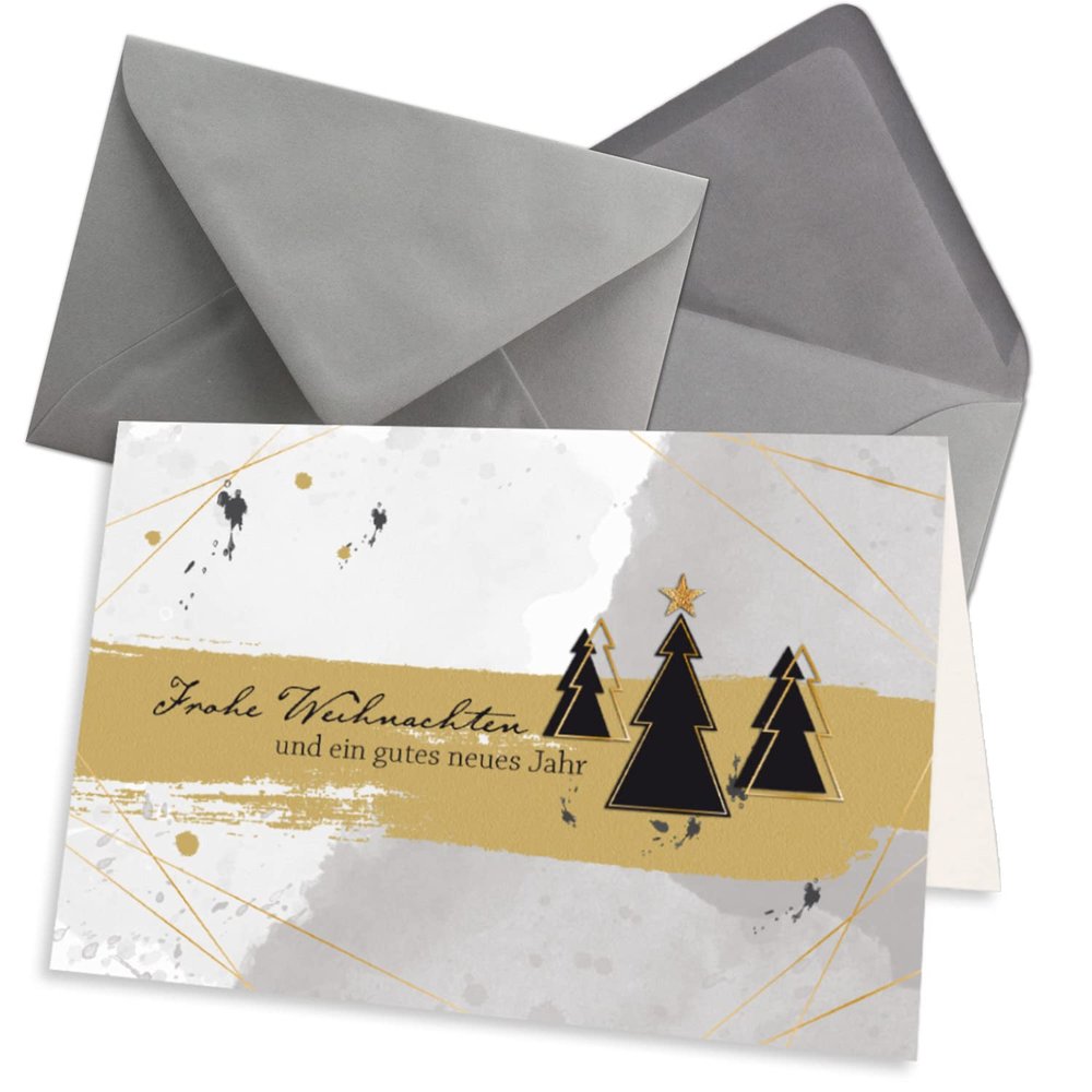 NEUSER PAPER 50-Piece Christmas Card Set, DIN A6, Gray, with Christmas Trees and Greeting, with DIN C6 Graphite Envelopes