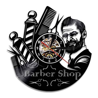 Barber Shop Sign Vinyl Record Wall Clock, Modern Barber Pole Hair Salon Clock, Silent Quartz, 30 cm, 7 Colors