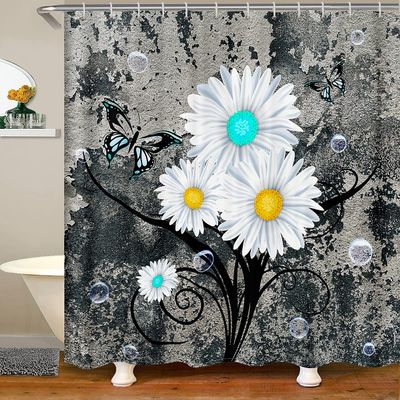 Homewish Butterfly & Flower Shower Curtain, White Daisies and Gray Marble, 180 x 200 cm