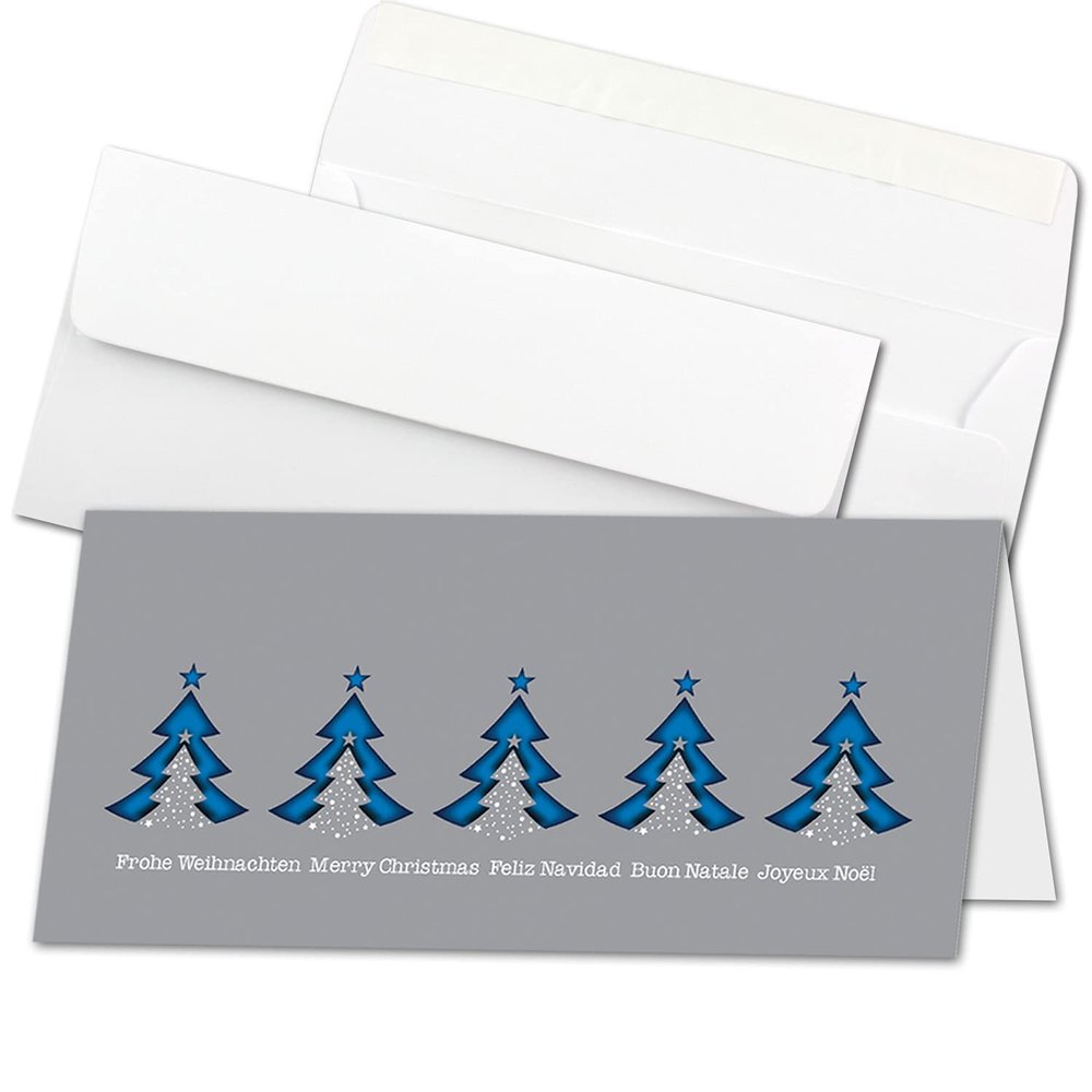 20 Christmas Cards with Envelopes, DIN Lang, Gray with Blue Fir Trees