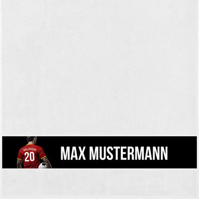 Personalized Shower Towel with Name – Belgium Soccer Jersey Motif – White, 70 x 140 cm
