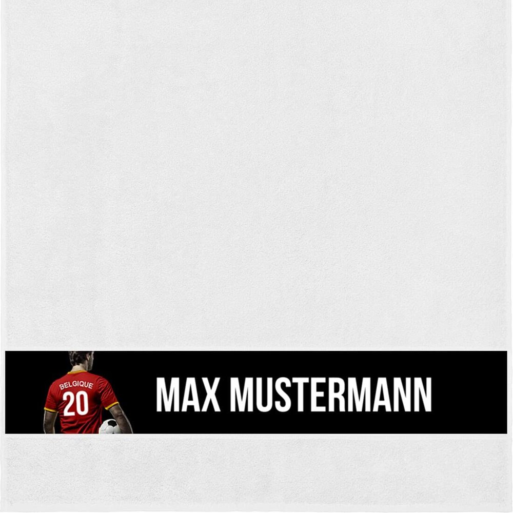 Personalized Shower Towel with Name – Belgium Soccer Jersey Motif – White, 70 x 140 cm