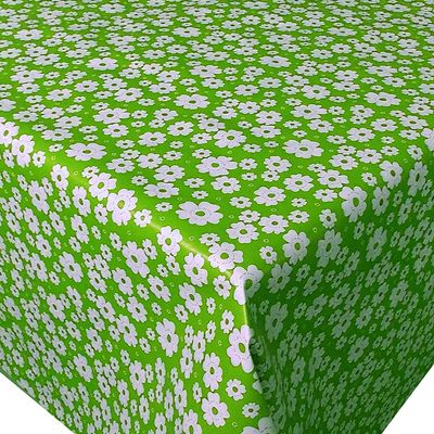 Kalea PVC Tablecloth, Green Flowers on White, 90 x 160 cm