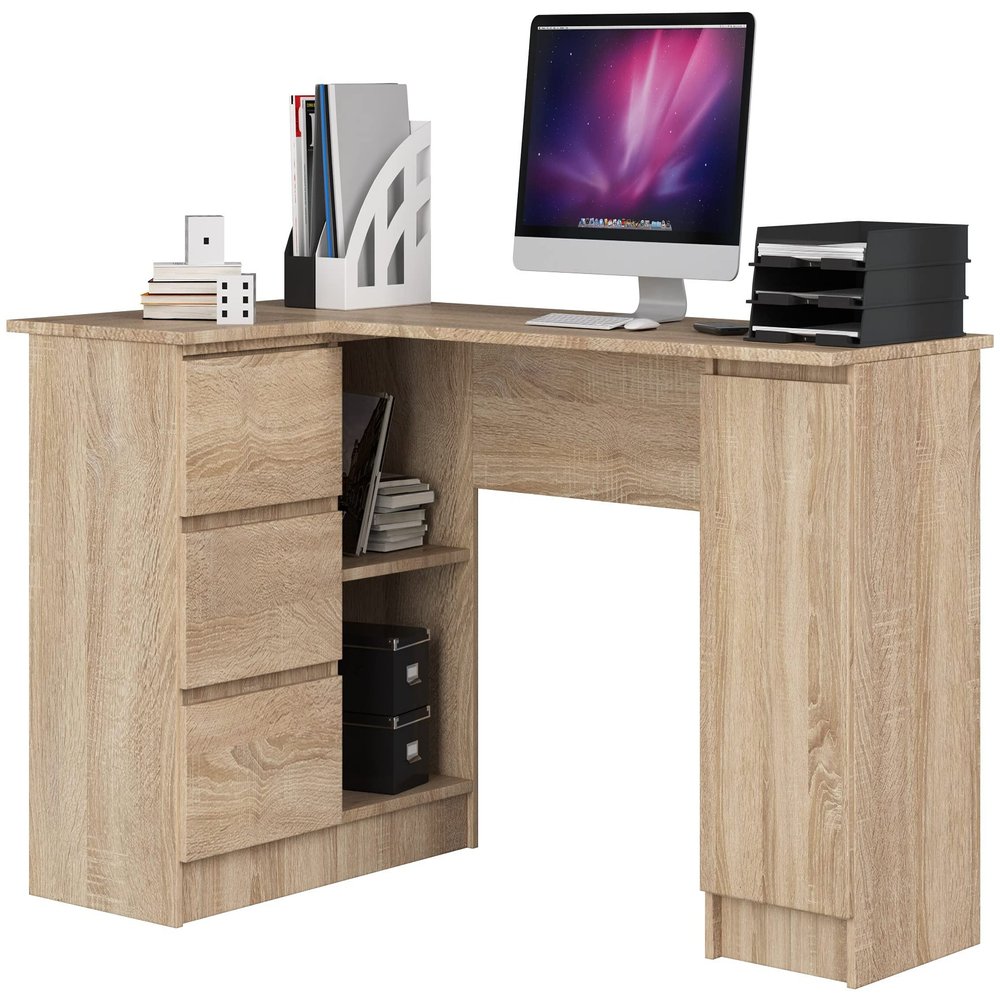 AKORD B-20 Corner Desk with 3 Drawers, 2 Shelves and a Cabinet Compartment with Door | W155 x H77 x D85 cm, 60 kg | Sonoma Oak