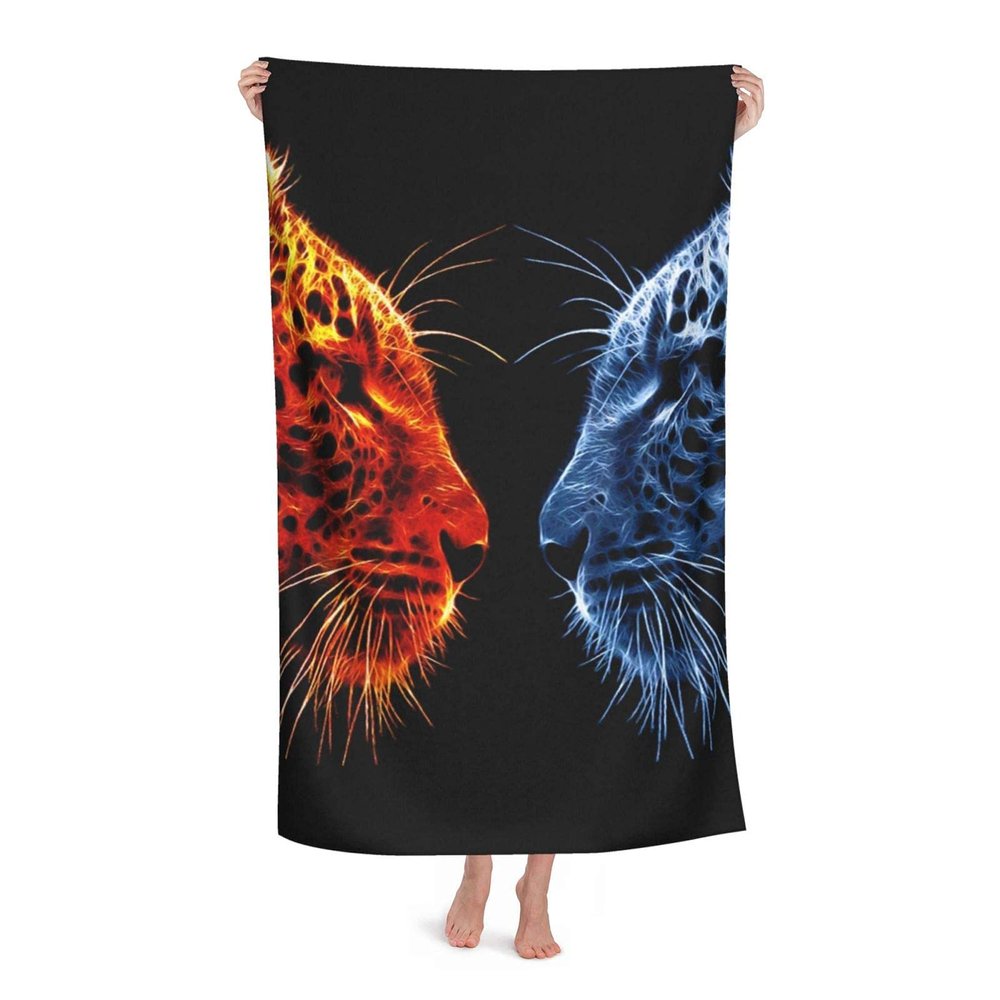 FFLSDR Fire Leopard vs. Ice Leopard Beach Towel, Adult Travel Microfiber, Soft and Absorbent, 80 x 130 cm